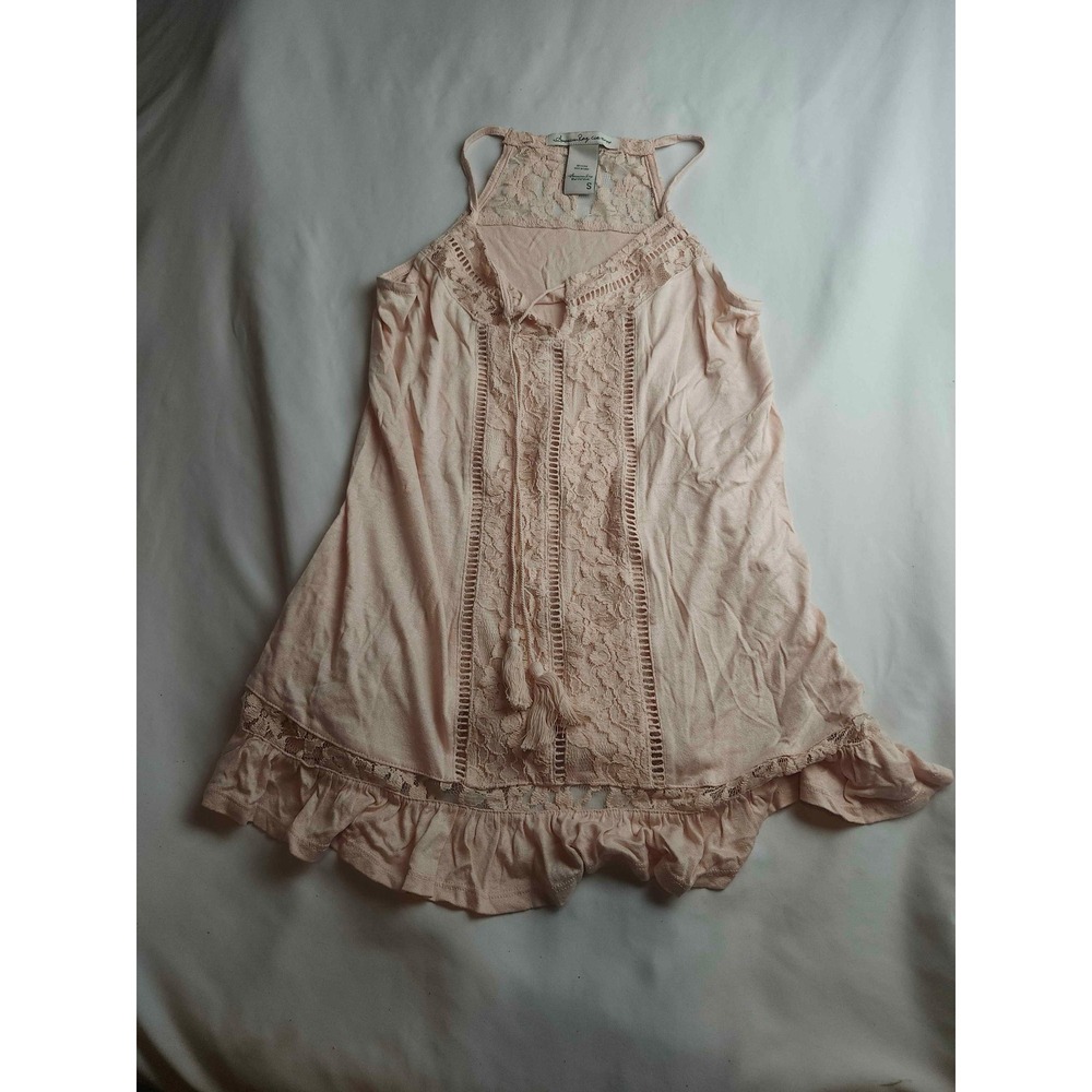 American Rag Peach Pink Lace Trim Halter Top Tassel Boho Ruffle Hem Small Womens